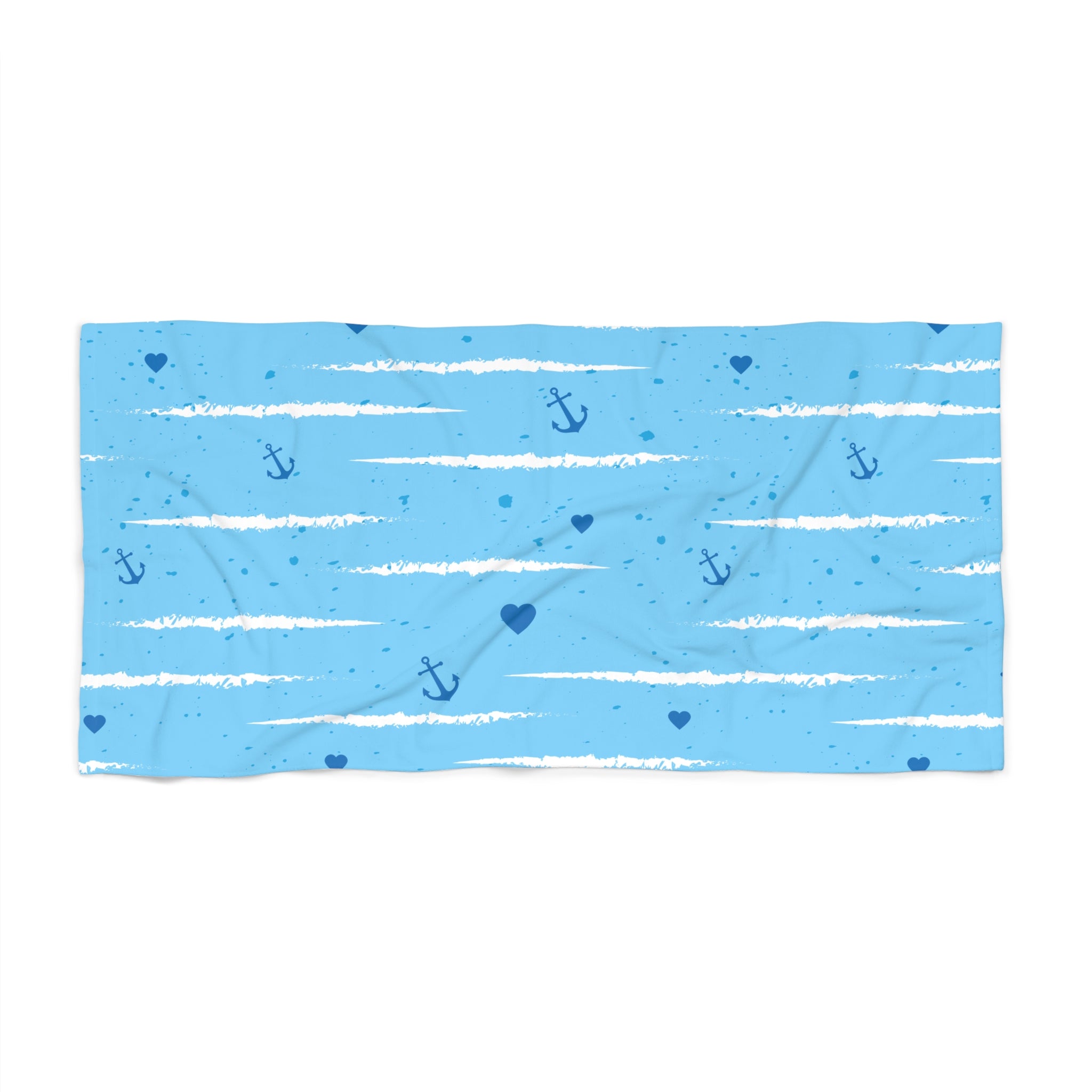 Nautical Blue Anchor Beach Towel — Striped Hearts & Anchors Summer Towel