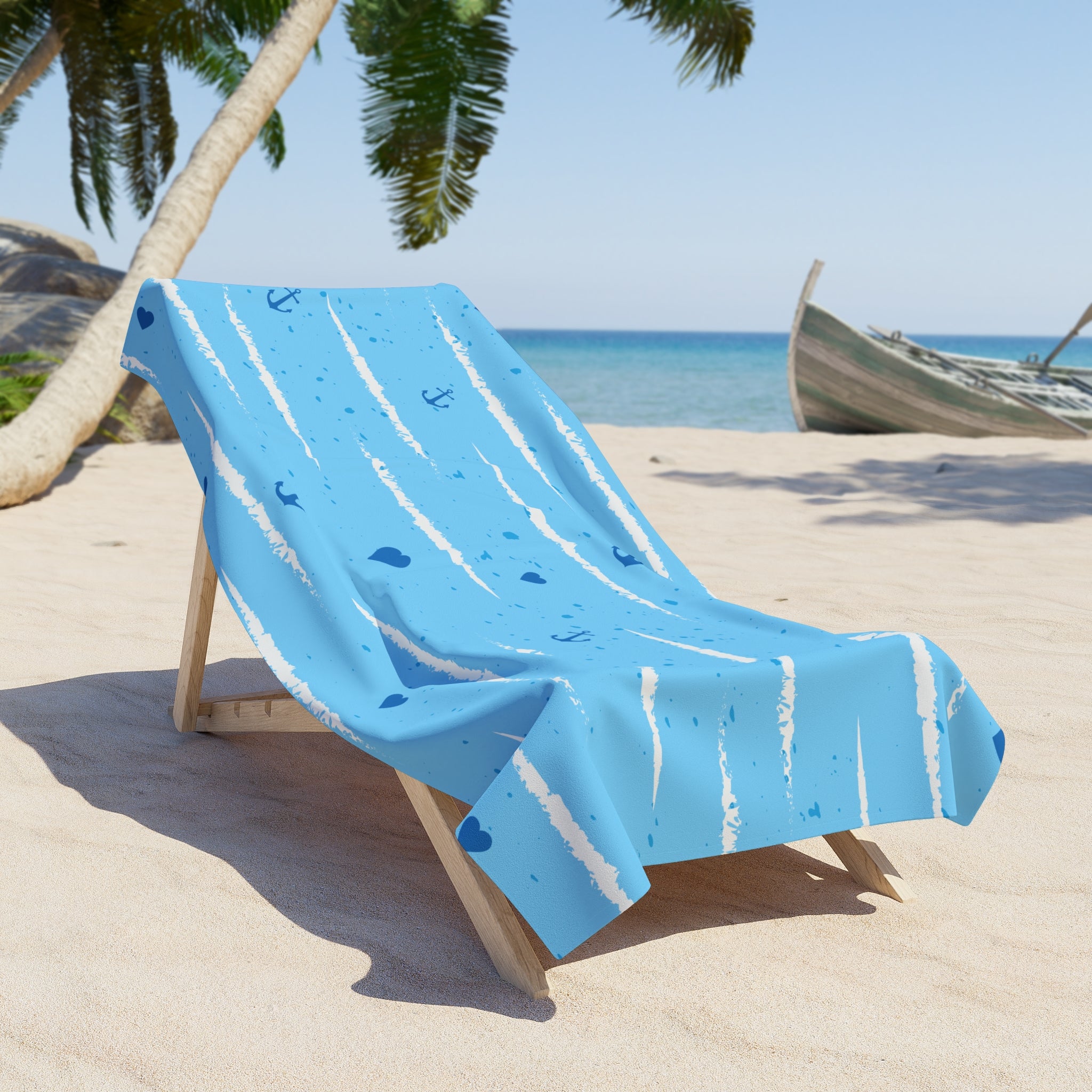 Nautical Blue Anchor Beach Towel — Striped Hearts & Anchors Summer Towel
